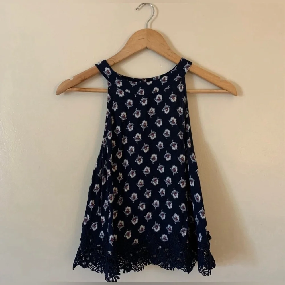Abercrombie & Fitch Navy Floral Crochet-Hem Tank Top - Picture 1 of 4